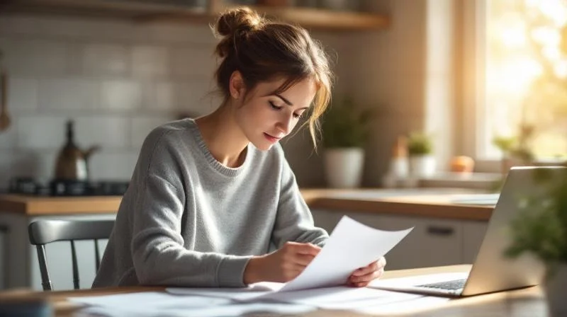 Frau am Laptop in einer hellen Wohnung in Recklinghausen bereitet Unterlagen fuer die Agentur fuer Arbeit vor