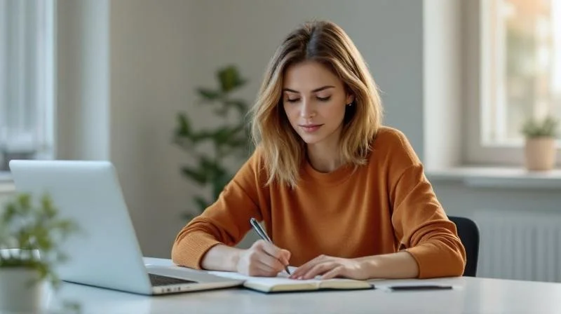 Frau macht Notizen bei einer Online-Fortbildung am Schreibtisch in Recklinghausen