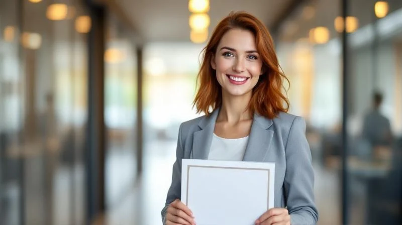 Frau haelt stolz ein Zertifikat in der Hand in einem modernen Buero in Recklinghausen