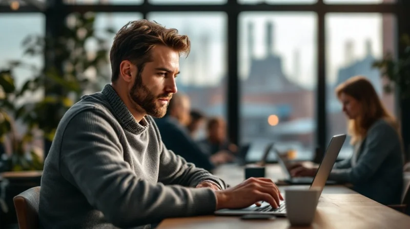 Recklinghäuser Angestellter im Coworking-Space mit Laptop, im Hintergrund Ruhrgebietssilhouette