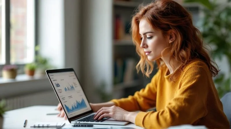 Frau lernt am Laptop KI-Themen in einem hellen Arbeitszimmer in Recklinghausen