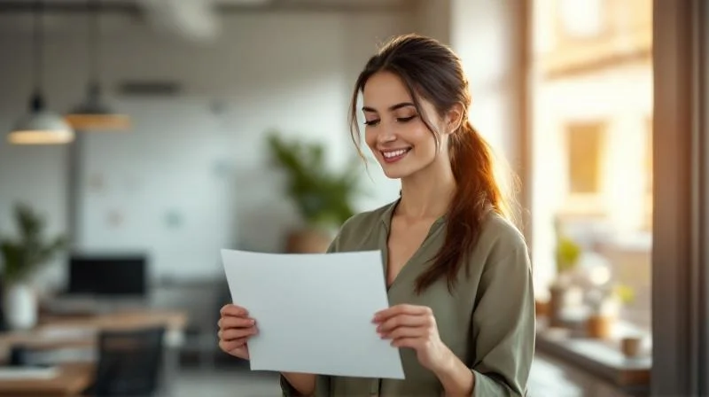 Frau haelt stolz ihren IHK-Abschluss in der Hand in einem hellen Buero in Recklinghausen
