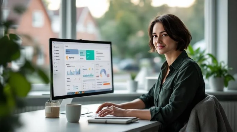 Quereinsteigerin im Homeoffice mit Prozessdiagrammen und Blick auf Recklinghäuser Stadtviertel