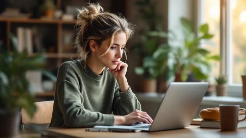 Frau am Laptop in einem hellen Raum mit Blick auf eine gruene Parklandschaft in Recklinghausen