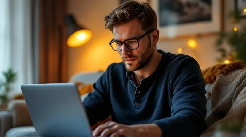 Mann mit Brille arbeitet konzentriert am Laptop in einem Wohnzimmer in Recklinghausen